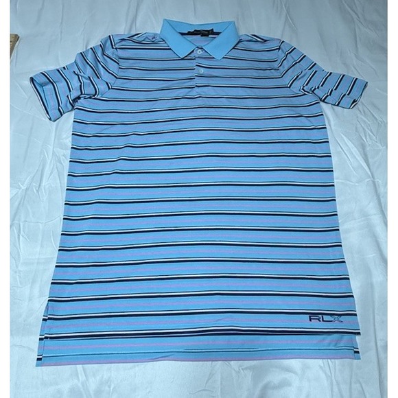 RLX Ralph Lauren Blue‎ Pink Stripe Athletic Performance Golf Polo Shirt Sz Large - Picture 10 of 10